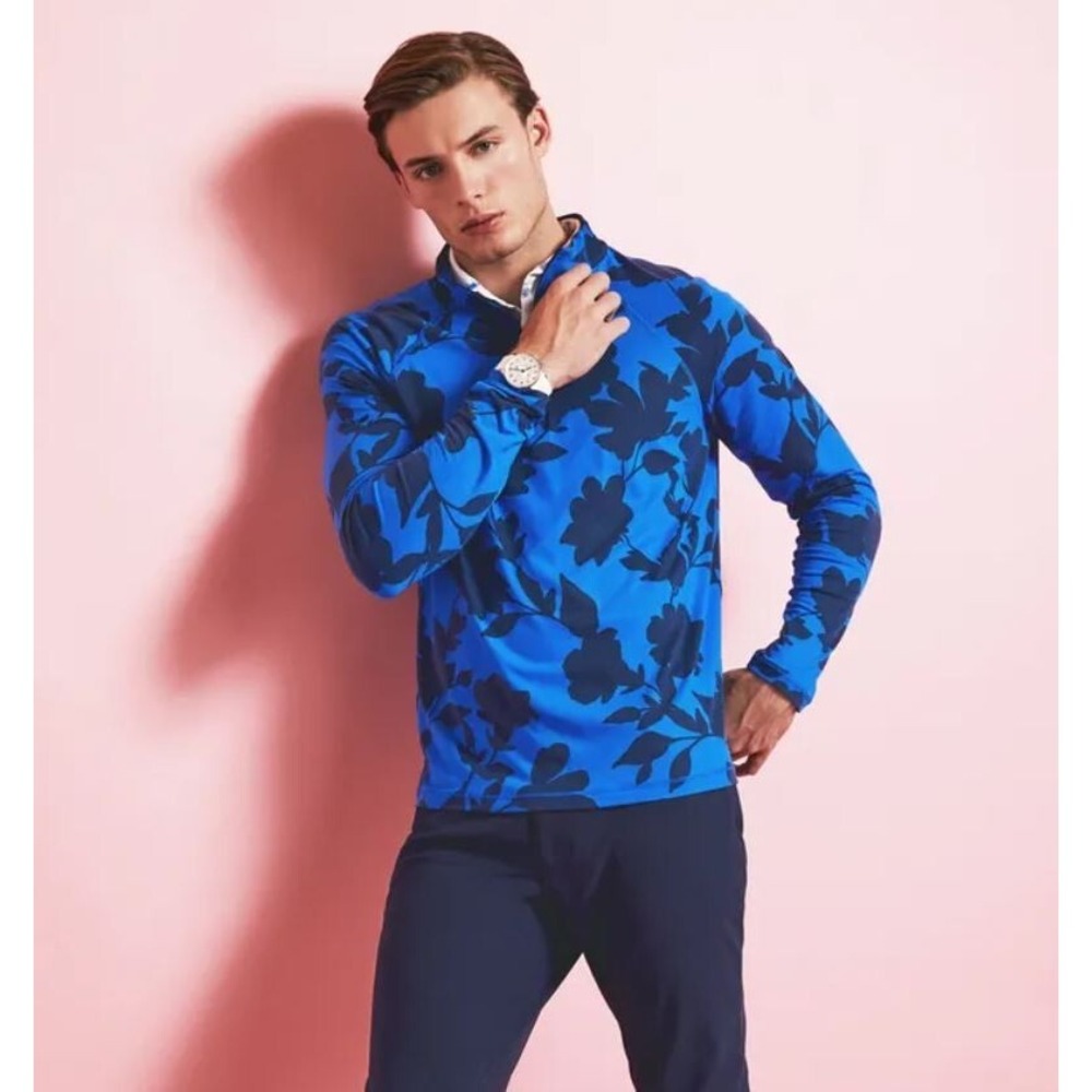GFORE G/FORE shirt M Medium blue G4MF23K123C racer floral 1/3 zip $155 mens